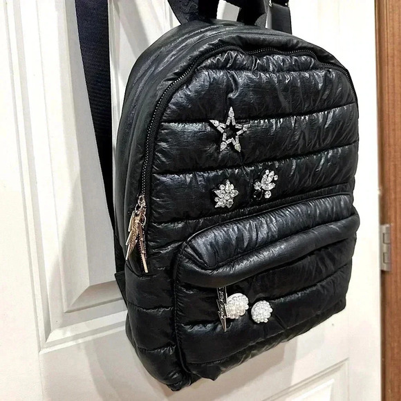 Betsey Johnson Black Quilted JeweledPuffer Gold Zipper Adjustable Backpack Purse Betsey Johnson Black Pink Yellow Gold Quilted | Mercari main image 3
